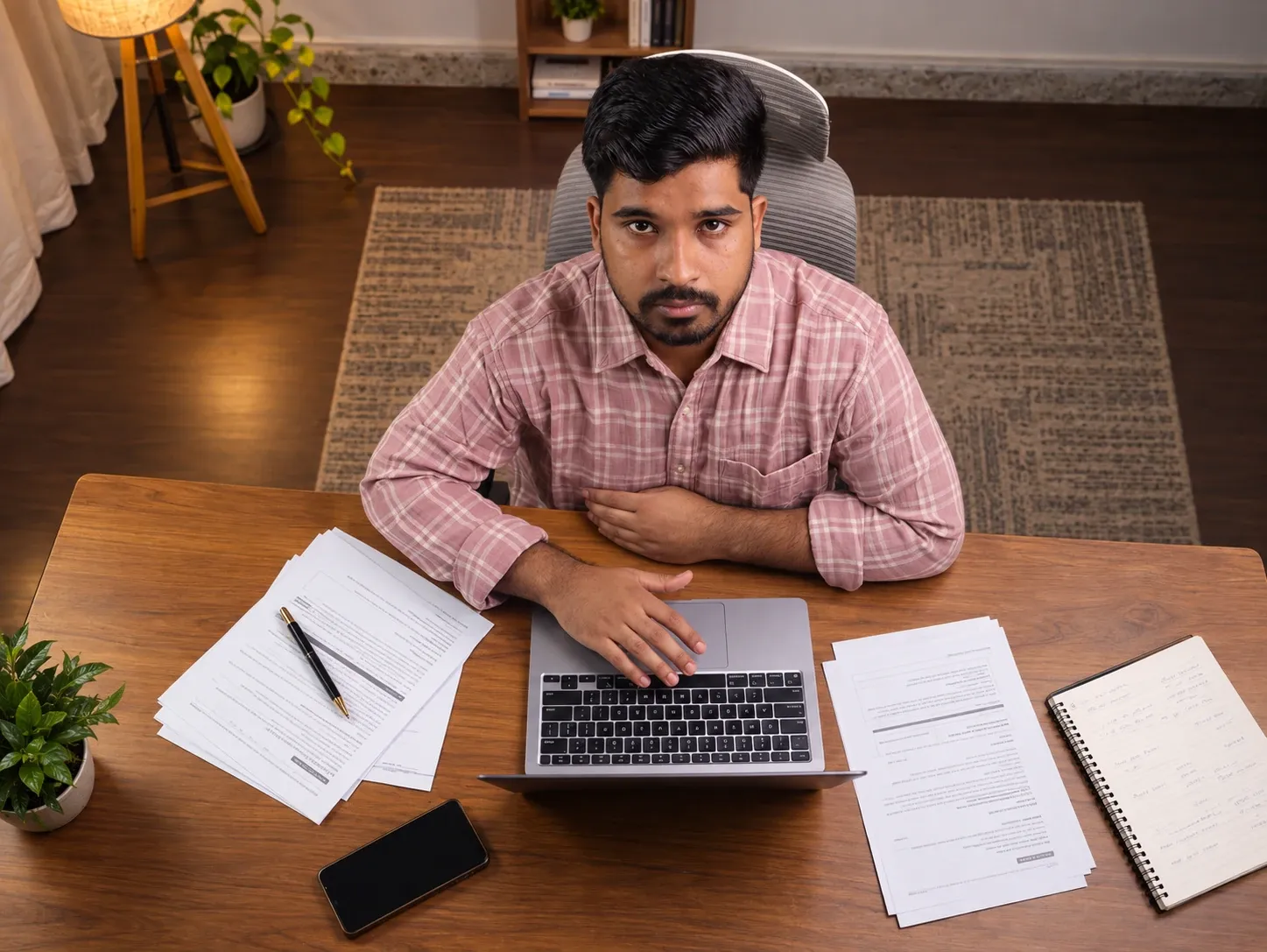 Overhead view of Shivam planning a workflow with papers and a laptop