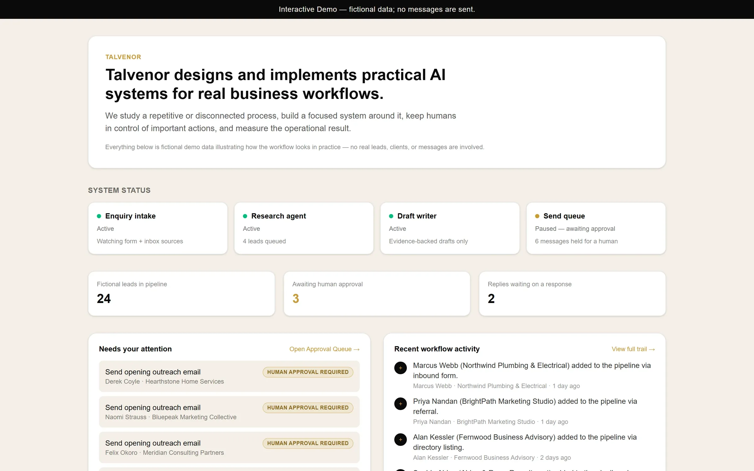Talvenor Sales OS overview dashboard with fictional data