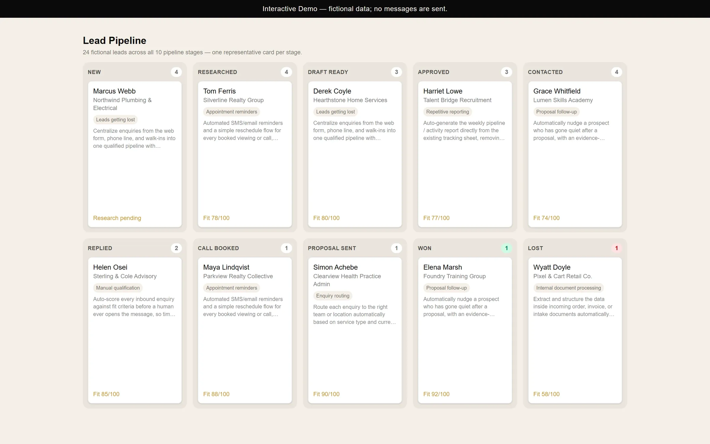 Lead pipeline screen with fictional leads in ten stages